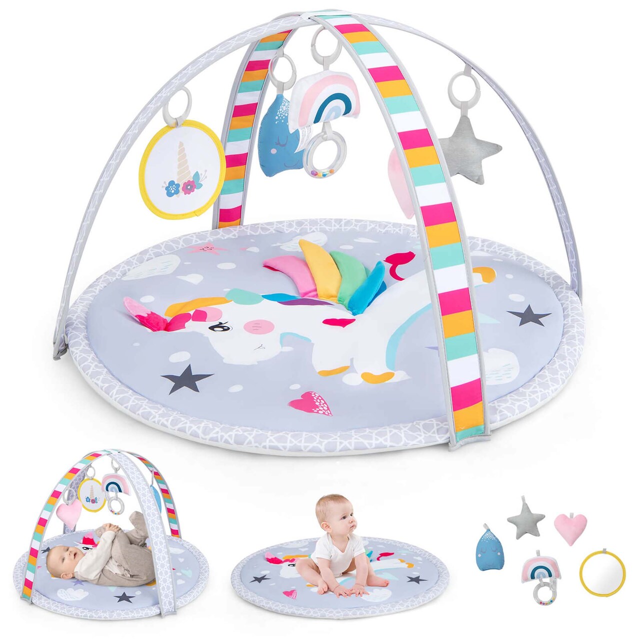 Costway Baby Play Gym Mat Thicker Tummy Time Mat with 5 Detachable Hanging